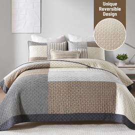 CozyQQ Real-Patchwork Plaid Queen Quilt - 100% Cotton Farmhouse Beige Brown Gray Queen Size Quilts Bedspread, Lightweight Reversible Quilted Coverlet Bedding Set for All Season, 3-Piece(98"x90")