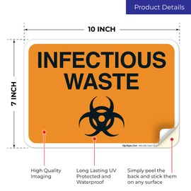 Infectious Waste Sign, 10x7 Inches, 4 Mil Vinyl Decal Stickers Weather Resistant UV Protected, Made in USA