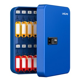 Uniclife 28 Keys Steel Key Cabinet with Resettable Code Blue Wall Mounted Key Organizer with Combination Lock Digital Security Box with Hooks and Large Key Tag Labels Identifiers in 5 Assorted Colors