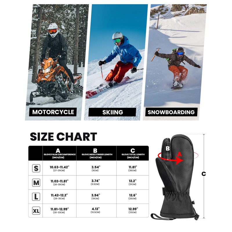 OutdoorMaster 3-Finger Ski Gloves for Women & Men, Waterproof &