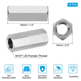 PATIKIL M10 x 1.25-Pitch 304 Stainless Steel Hex Coupling Nuts, 6Pcs 35mm/ 1.4" Length Fully Threaded Rod Coupling Nut Studding Connector Fasteners, Silver Tone