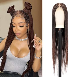 Zurffiy 360° HD Full Lace Braided Wigs for Women Knotless Box Braid Wig with Baby Hair Human Hair Blended Braided Lace Front Wigs Brown 36 Inch
