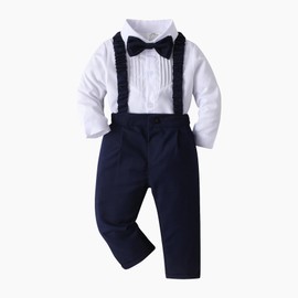 Boarnseorl Baby Boys Gentleman Outfits Pants Sets,Infant Shirt + Pants + Bow Tie + Suspenders,18-24M