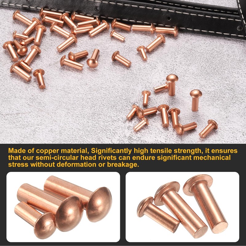 sourcing map 150 Pcs Copper Solid Rivets, 0.12"x0.31" Half Round