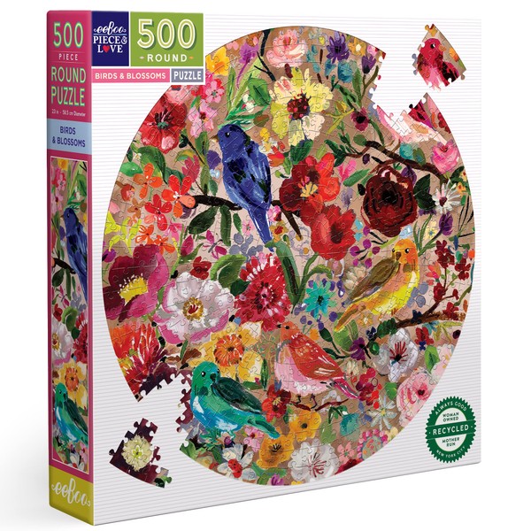 eeBoo: Piece and Love Birds & Blossoms 500 Piece Round Adult Jigsaw Puzzle, 23" in Diameter Once Completed, Sturdy Puzzle Pieces, For Ages 14 and up