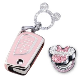 XUPEIXUN 3 Pcs Pink Car Accessories for Toyota Fortuner Tundra Camry RAV4 Highlander Corolla Key Fob Cover with Bling Keychain Cute Push to Start Stop Button Cover