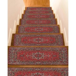 Abstract Red Stair Treads for Wooden Steps Indoor, Stair Treads Carpet Peel Stick Self-Adhesive Staircase Step Treads, Vintage Distressed Traditional Oriental Boho Tribal Runner Mat 15 Pack 8x30