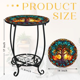 Cinnvoice Outdoor Side Table Round Small Mosaic Patio Accent Indoor End Plant Metal Coffee Tea Table for Yard Porch Garden Patio Living Room, Bedroom(Tree Style,14 Inch)