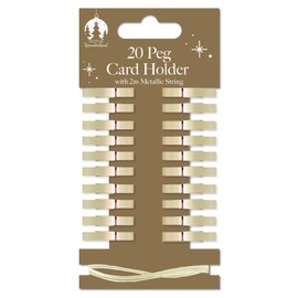 Quickdraw 20 Wooden Peg Christmas Card Holders with Metallic String Festive Card Display Decoration (Gold)