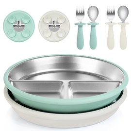 Bella’s Friends Baby Feeding Set, 2 Pack Stainless Steel Divided Plate with Silicone Suction, 2 Set Spoons and Forks, BPA Free, Dishwasher Safe, Baby Led Weaning Supplies, Toddler Utensils,beige green