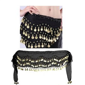 RUITASA Belly Dance Hip Scarf, Belly Dancing Belts, Belly Dancing Skirt Hip Scarves with Dangling Gold Coins for Performance Costume(Black)
