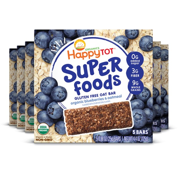 Happy Tot Organics Super Foods Oat Bars, Blueberries & Oatmeal, 5 Count (Pack of 6)