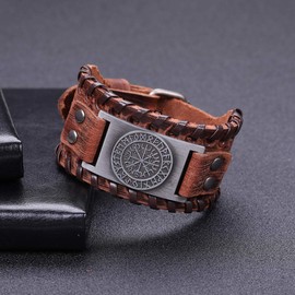 HAQUIL Viking Bracelet for Men, Viking Runes Vegvisir Icelandic Compass Talisman, Nordic Brown Wide Leather Wristband, Viking Jewelry Gifts