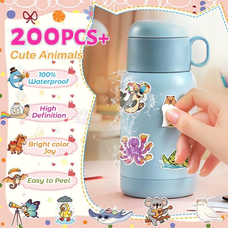 202Pcs Cute Cartoon Animal Stickers Water Bottle Stickers Pet Bulk
