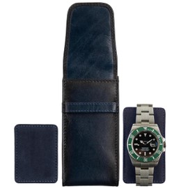 A-SLIM Tokei | Leather Watch Travel Pouch | Men’s Leather Watch Travel Case with Flap Closure | Burnished Blue