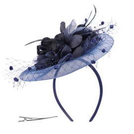 Women Feather Fascinator Flower Hat Elegant Mesh Headpiece Headband for Tea Party Wedding Cocktail Church Bride Hairpin, Navy