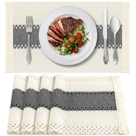 BIPASION Placemats Set of 4 - Natural Cotton Burlap Table Mats, Macrame Décor and Farmhouse Style Placemats for Dining Table Kitchen（Grey/Cream