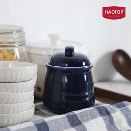 HAOTOP Porcelain Salt Bowl with Lid and Spoon,Ceramic Sugar Bowl 12oz (Navy)