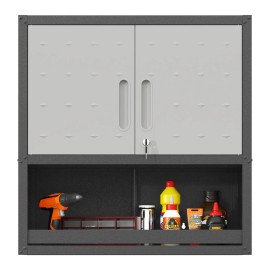 1 Shelf Metal Wall Mounted Tool Storage Cabinet 1 Opened Drawer with Locking Door for Garage Warehouse Office Assembly RequiredColor: Black+ Gray Color