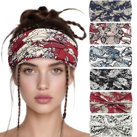 6 Pack Boho Style Women's Headbands, Non slip Fashion Wide Elastic hairband, Daily Sports Yoga Workout Women's Hair Bands,Floral Print,Red and Black