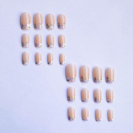 Colorful Flowers Press on Nails Short Square Fake Nails French Tip Cute Spring Flower Glue on Nails Full Cover Floral Stick on Nails Acrylic False Nails DIY Artificial Nails Press ons for Women 24Pcs