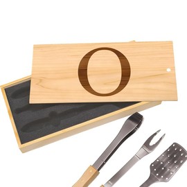 Initial O BBQ Tool Set: O Initials Engraved, Premium Stainless Steel Spatula, Tongs & Fork, Perfect for Custom Gifts, Beautifully Boxed