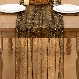 MLMC 6Pcs Black Gold Table Runner Sheer Gauze Glitter Metallic Foil Tulle Table Centerpieces 120 Inch 10 FT for Wedding Anniversary Holiday Dining Home Party Table Decor