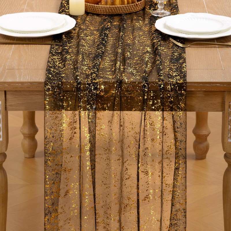 MLMC 6Pcs Black Gold Table Runner Sheer Gauze Glitter Metallic