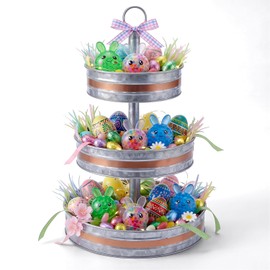 Plexon 3 Tiered Tray Stand, Metal Tiered Serving Tray, Round Seafood Tower, Centerpiece Three Tiered Serving Stand, Galvanized Steel Trays, Silver with Copper Trim Farmhouse 3 Tier Stand for Fruit