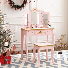 UTEX Kids Vanity Set with Mirror and Stool, Kids Make Up Vanity Desk with Mirrror for Little Girls, Children Makeup Dressing Table with Drawer, Pink