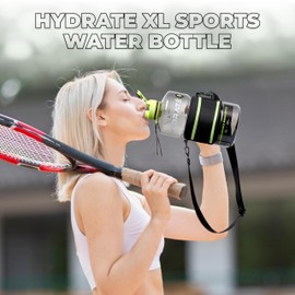 Hydrate Bottles - 2.2L Large Water Bottle with Sleeve - Leak Proof BPA Free Impact Resistant Plastic - Unique Design with Carrying Strap - Ideal for Gym, Workout, Camping, Office - Bitter Lemon Design