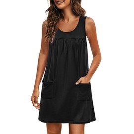 Ekouaer Nightgowns for Women Tank Sleep Shirts Sleeveless Sleep Dress with Pockets Wide Strap Nightshirts Black