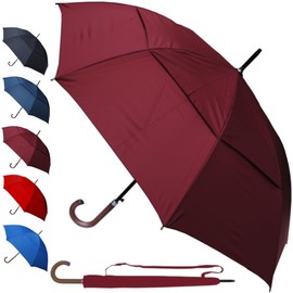 60MPH Windproof Large Strong Umbrella for Rain and Wind - Heavy Duty StormDefender City - Best for Vented Double Canopy - Auto - Solid Wood Hook Handle - Golf - Burgundy Red