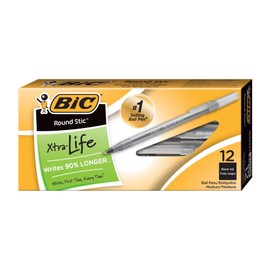 BIC(R) Round Stic(R) Ballpoint Pens, Medium Point, 1.0 mm, Translucent Barrel, Black Ink, Pack of 12