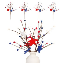 4-Pack Patriotic Floral Stems - Red White Blue Wooden Stars & Berry Accents, Independence Day 4th of July Home Decor, USA Flag Theme Centerpiece for Memorial Day Veterans Day BBQ Party