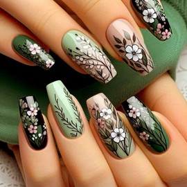 Pink White Flower Press on Nails Spring Medium Coffin Fake Nails Designs Glossy Green Floral False Nails Full Cover Acrylic Nails Stick on Nails for Women Nail Art Decorations 24 Pcs