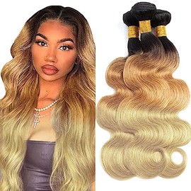 HeioWuio 1B/27/613 Hair Bundle 3 Bundles Body Wave Ombre Three Tone Brazilian Remy Human Hair Bundle Honey Blonde and Brown Bundle Three Tone Hair Weave Body Wave Bundles 16 18 20 Inch