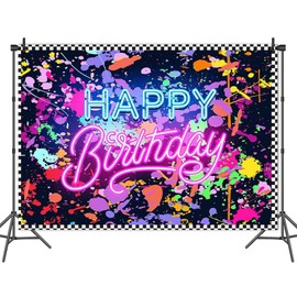 YQWIN Glow Neon Backdrop Neon Party Decorations Neon Birthday Backdrop Colorful Graffiti Splash Paint Birthday Backdrop Happy Birthday Black Light Hanging Banner for Neon Birthday Party Decorations