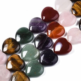 Fashewelry 16 PCS Natural Heart Shape Stone Bead Include Natural Green Aventurine & Rose Quartz & Red Agate & Tiger Eye & Amethyst Beads for Mother's Day Bracelet Necklace Jewelry Making 1.6mm Hole