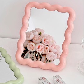 MYKIIA Makeup Mirror Portable Folding Mirror Cute Travel Make Up Small Mirror for Standing Hanging Home Pink Wave-Shaped Table Desk Vanity Cute Office Desk Decor