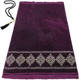 Modefa Turkish Islamic Prayer Rug - Large & Wide Soft Velvet Janamaz - Comfortable Muslim Praying Mat for Men & Women - Ramadan or Eid Gift - with Prayer Beads Tesbih - Grand Plush (Plum)