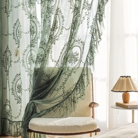 ZZC Lace Sheer Curtains with Scallop Ruffle for Living Room Elegant 70 Inch Long Rustic Vintage Floral Embroidered Voile Panels Rod Pocket Window Treatment Set 2 Panels, Green, W39 x L70 Inch