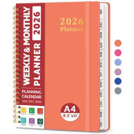 2026 Planner, Weekly and Monthly Planner, January 2026 - December 2026, Hardcover 2026 Calendar Planner Book with Tabs For Women & Men, Inner Pocket, Spiral Bound, Perfect for Office Home School Supplies - A4 (8.5" x 11"), Coral