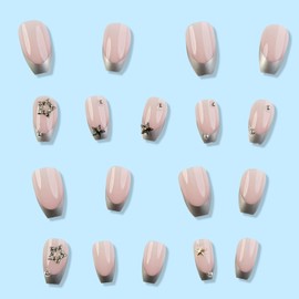 Silver French Tip Press on Nails Short Coffin Fake Nails with Stars Pearl Design Glue on Nails Light Pink Full Cover Nails Press ons Cute False Nails Glossy Artificial Stick on Nails for Women 24Pcs