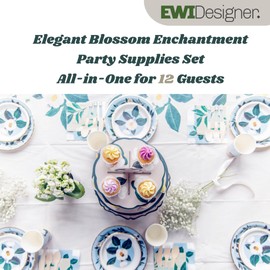 Elegant EWI Desgner Afternoon Tea Party Tableware Set with golden edging for 12 person | Exquisite Camellia themed floral pattern, 123-Piece | Certified for Eco-Friendly & Food Safety
