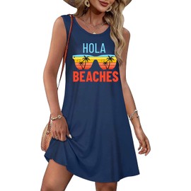 Hola Beaches Tshirt Yellow Dressy Hola Beaches Theme Tank Top Womens Boho Long Short Summer Dresses Casual Beach Vacation Sun Dress Retro Vintage Graphic Tee Tops-L (Dark Blue)