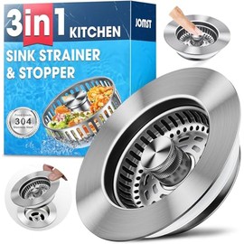 3-in-1 Stainless Steel Kitchen Sink Drain Strainer, JOMST Kitchen Gadget – Fast Drain, Water-Saving Stopper & Odor Blocker， Fits Standard 3.5″ Sink Drains