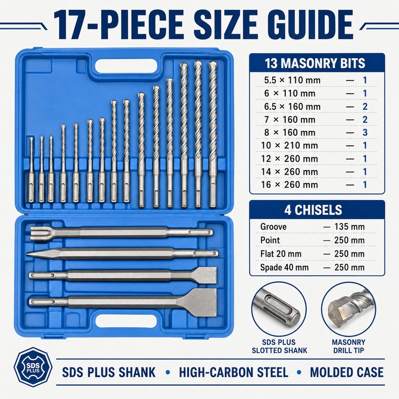 17-Piece SDS Plus Drill Bit and Chisel Set for Masonry