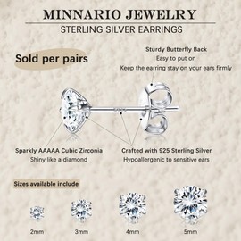 Minnario 20G Sterling Silver Small Stud Earrings for Women Men, Silver Earrings CZ Helix Cartilage Piercing Earrings Studs 4mm