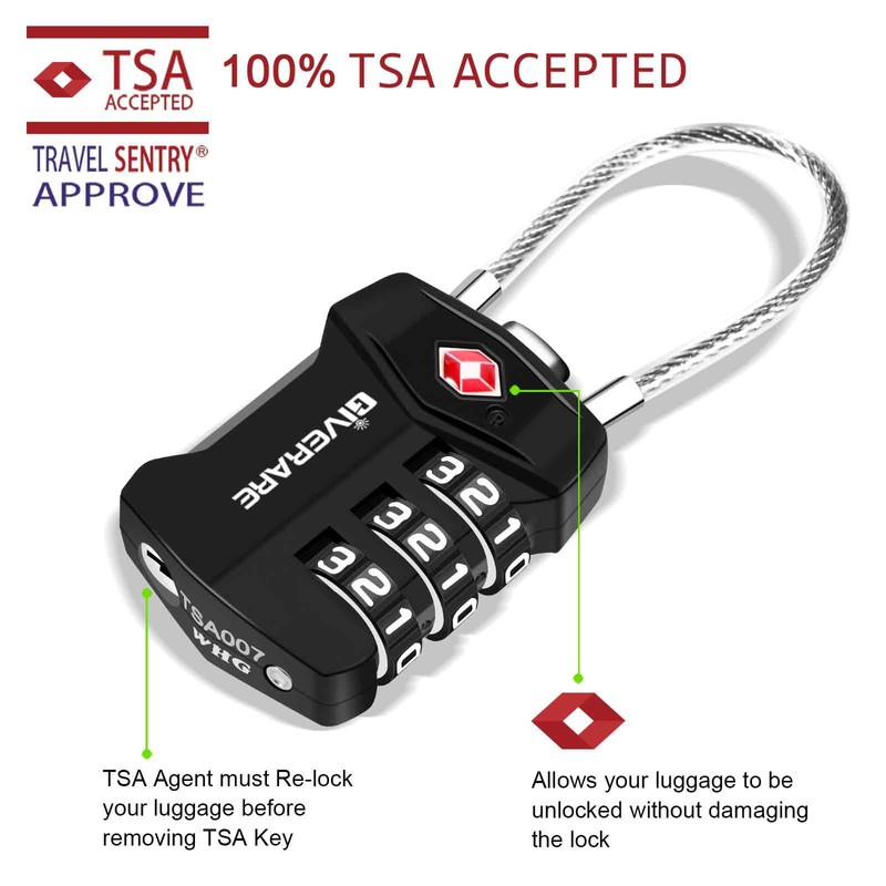 2 Pack TSA Approved Travel Luggage Locks, Cable Combination Lock